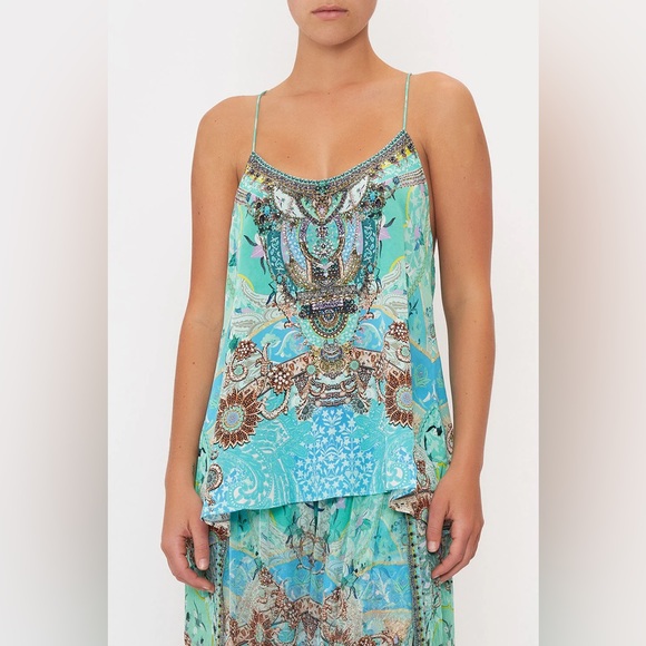 Camilla Tops - CAMILLA “Turn Back Time” silk embellished t back boho camisole tank top XS
